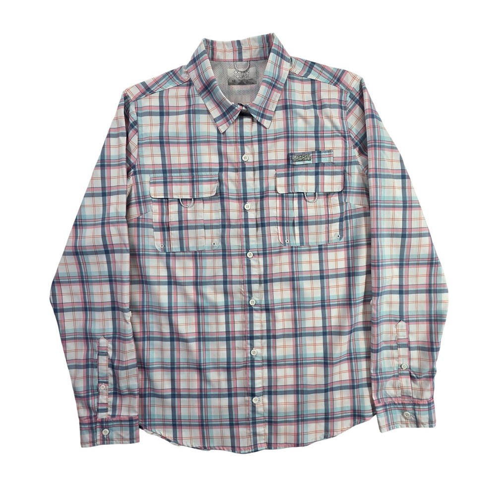 Ocean Coast Mens XL Plaid Fishing Shirt Long Sleeve Vented Performance Pink Blue